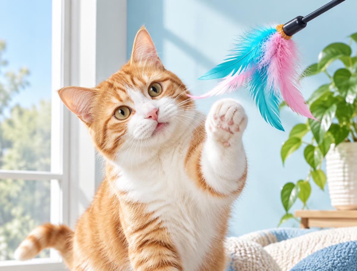 Curious cat playing with a colorful feather wand