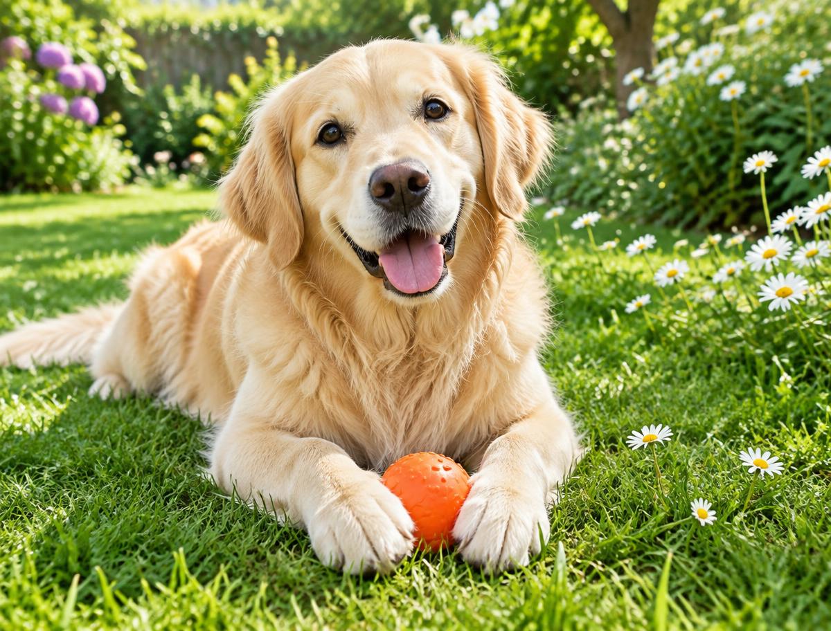 Golden retriever playing with an orange ball